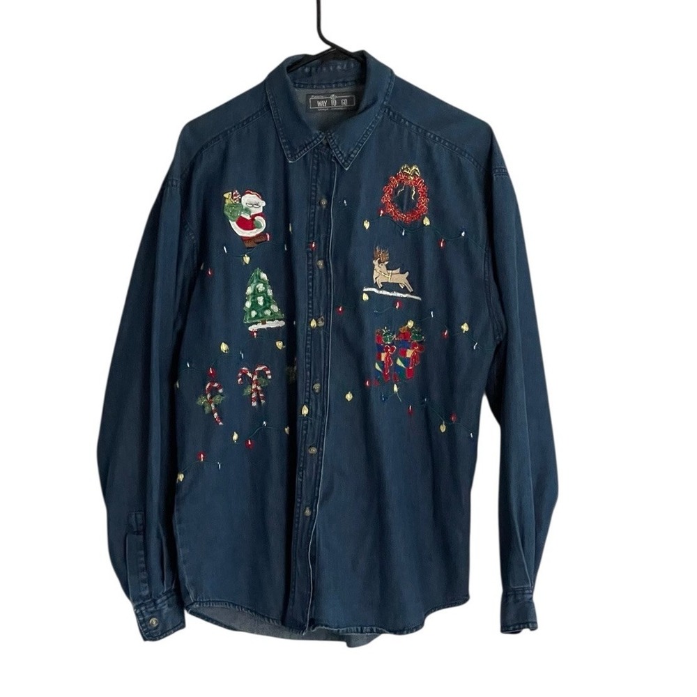 Vtg That's The Way To Go Denim Top Button Embroidered Christmas Holiday Santa 1X